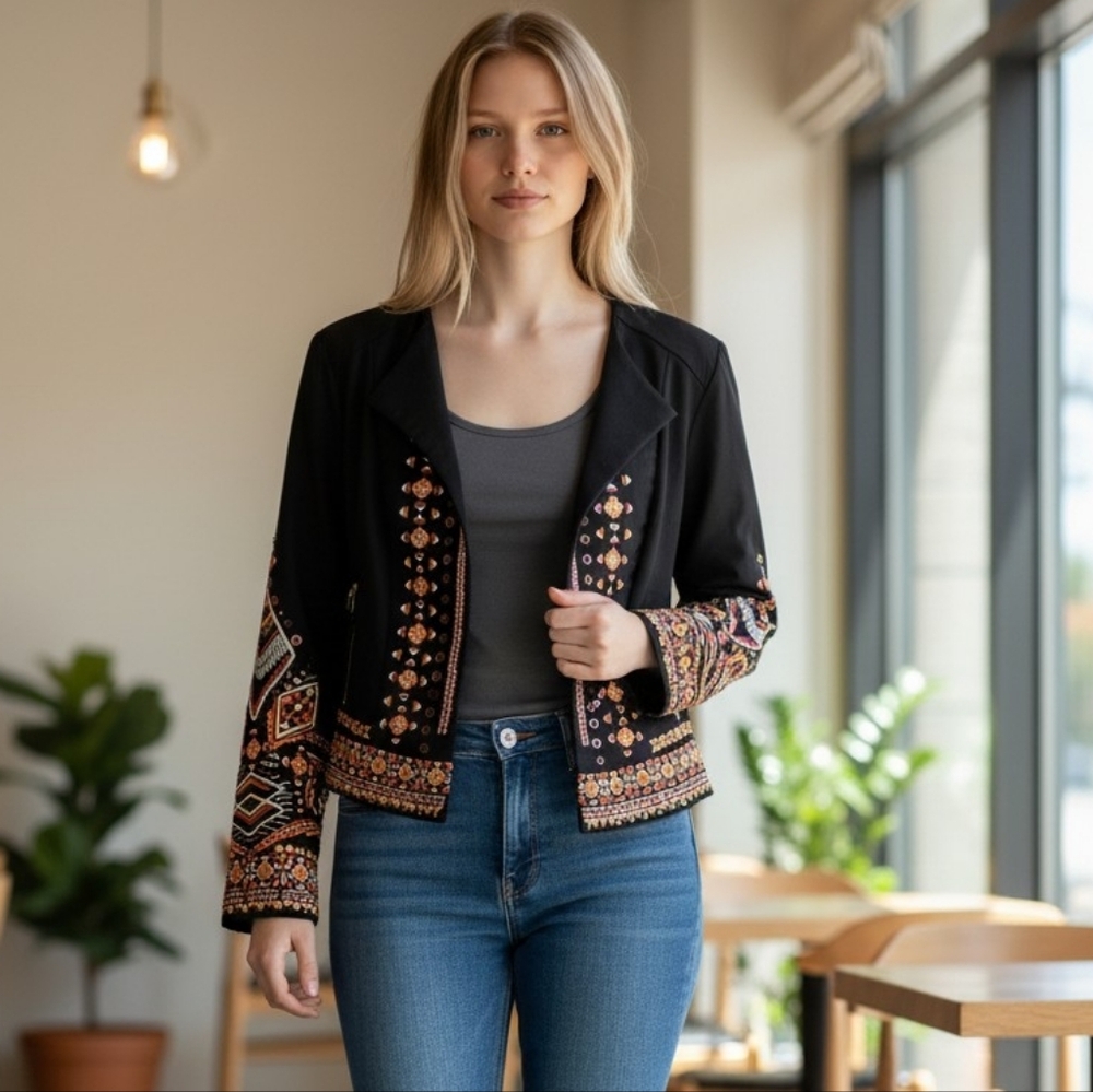 INC International Concepts Cotton Black Embroidered Blazer